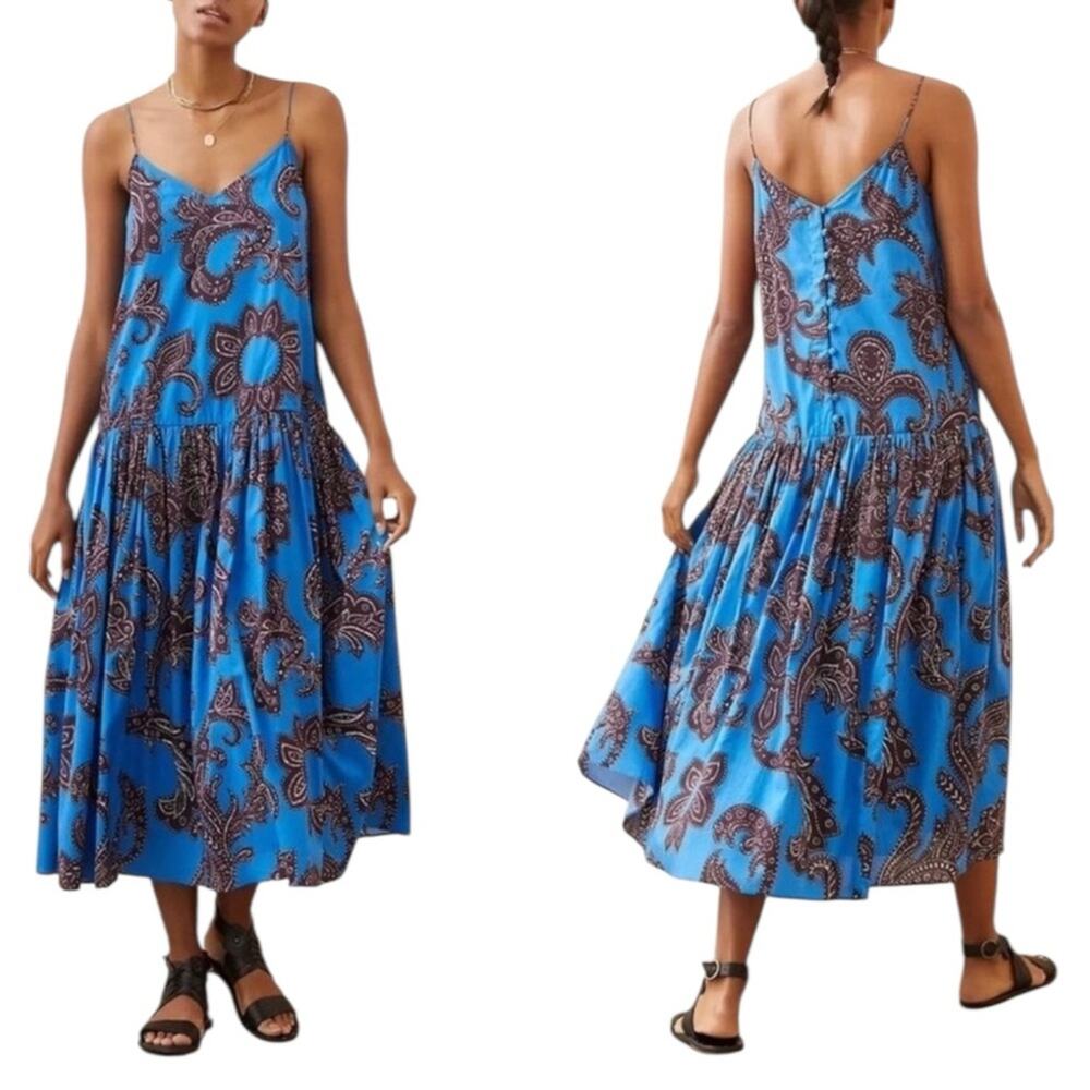 Anthropologie ATSU Blue Floral Flounced Paisley Midi Dress Size XS